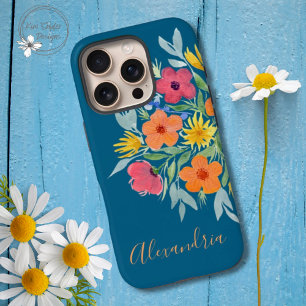 Personalized Bright Watercolor Flowers on Teal iPhone 16 Pro Case