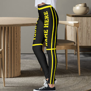 Personalized Bright Yellow Black Stripes Pet Names Leggings