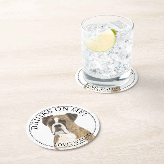 Personalized Brindle Boxer Dog Wedding Round Paper Coaster (Insitu)