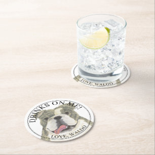 Personalized Brindle English Bulldog Dog Wedding Round Paper Coaster