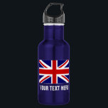 Personalized British Union Jack flag water bottles<br><div class="desc">Personalized British Union Jack flag stainless steel water bottles. Custom shiny metal water bottle in many colours. Great for sports teams and outdoor activities. ie basketball, baseball, football, tennis, soccer, volleyball, hiking, walking, camping, running, track and field etc. Personalize with your own name, jersey number, initials or slogan in big...</div>