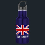 Personalized British Union Jack flag water bottles<br><div class="desc">Personalized British Union Jack flag stainless steel water bottles. Custom shiny metal water bottle in many colours. Great for sports teams and outdoor activities. ie basketball, baseball, football, tennis, soccer, volleyball, hiking, walking, camping, running, track and field etc. Personalize with your own name, jersey number, initials or slogan in big...</div>