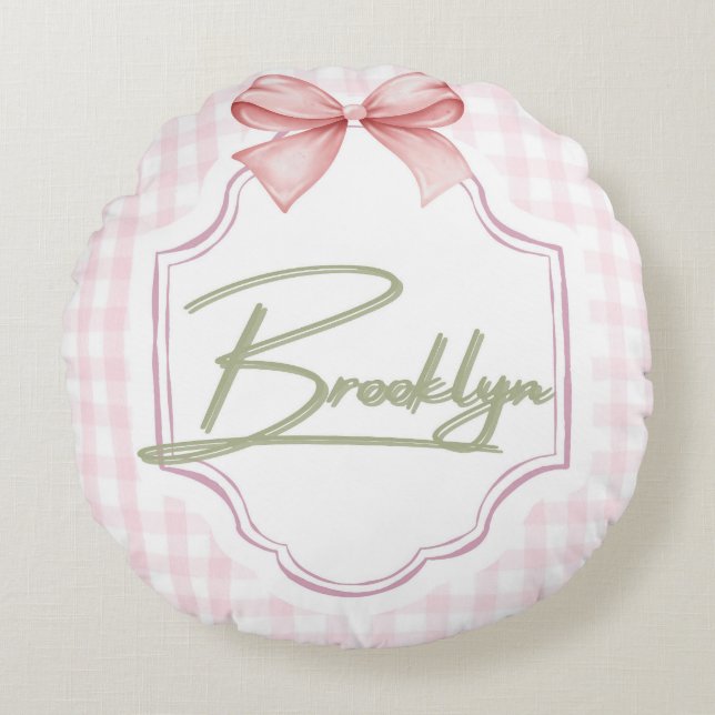 Personalized Brooklyn Baby Girl Nursery BowGingham Round Pillow (Front)
