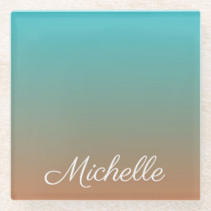 Personalized brown and blue ombre glass coaster