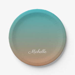Personalized brown and blue ombre paper plate