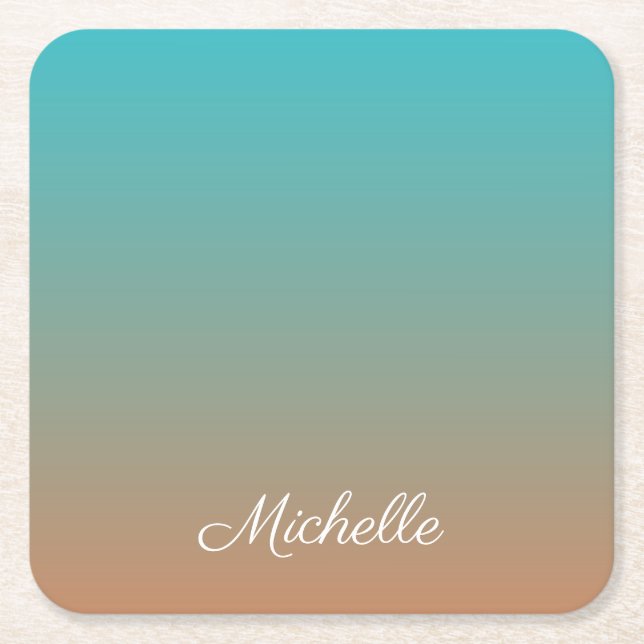Personalized brown and blue ombre square paper coaster (Front)