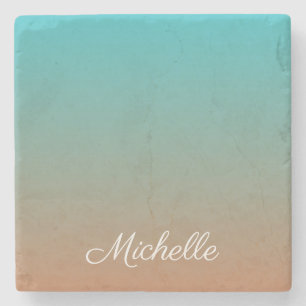 Personalized brown and blue ombre stone coaster