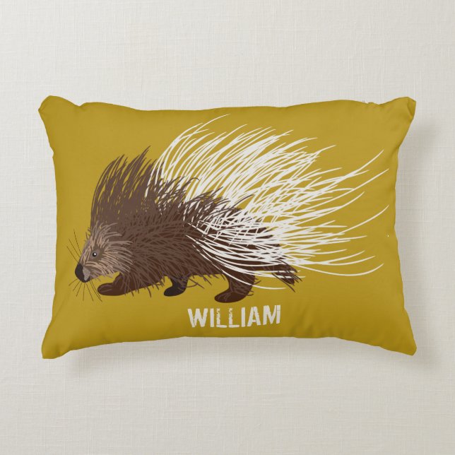 Personalized Brown and Mustard Porcupine Accent Pillow (Front)