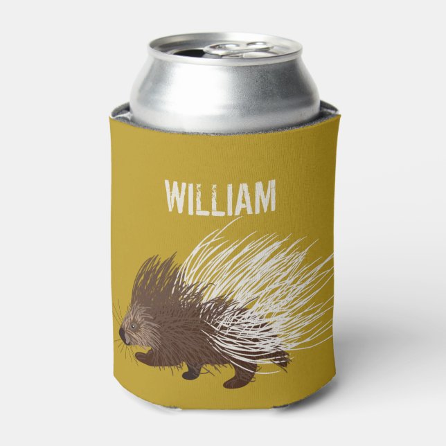 Personalized Brown and Mustard Porcupine Can Cooler (Can Front)
