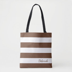 Personalized Brown and White Striped Tote Bag