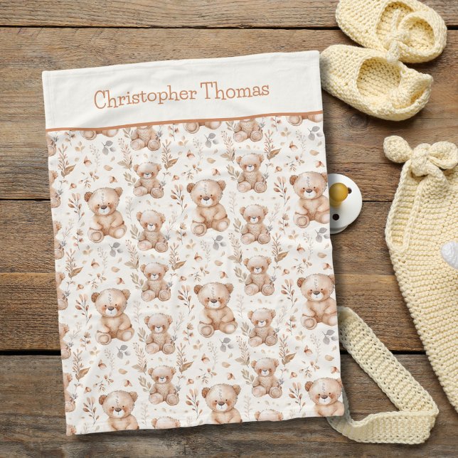 Personalized Brown Bears Baby Boy Gift Fleece Blanket (Personalized Brown Bears Baby Blanket. Baby shower gift, new baby boy gift.)