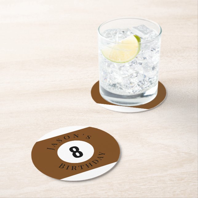 Personalized Brown Billiard Pool Ball Birthday Round Paper Coaster (Insitu)