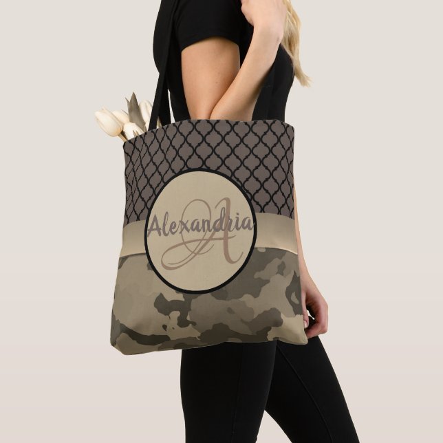 Personalized Brown Camo Monogram Tote Bag (Close Up)