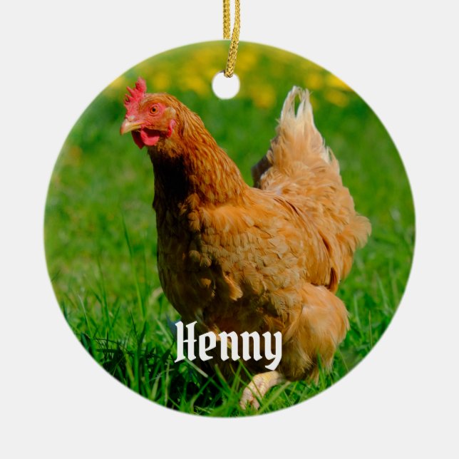 Personalized Brown Chicken in the grass Ceramic Ornament (Front)