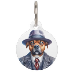Personalized Brown Dog Gangster Suit Watercolor Pet Tag