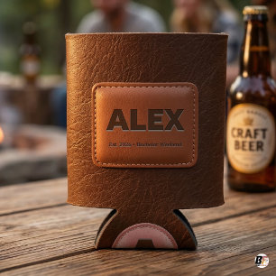 Personalized Brown Faux Leather Bachelor Party C Can Cooler