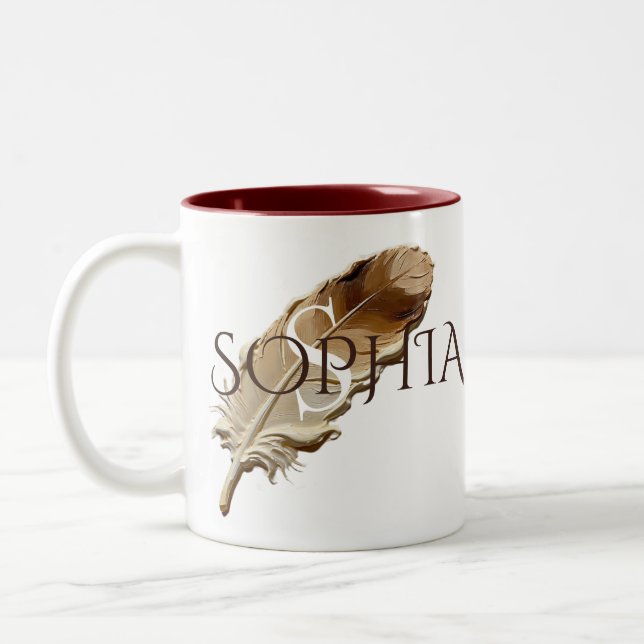 Personalized Brown Feather Custom Name Monogram Two-Tone Coffee Mug (Left)