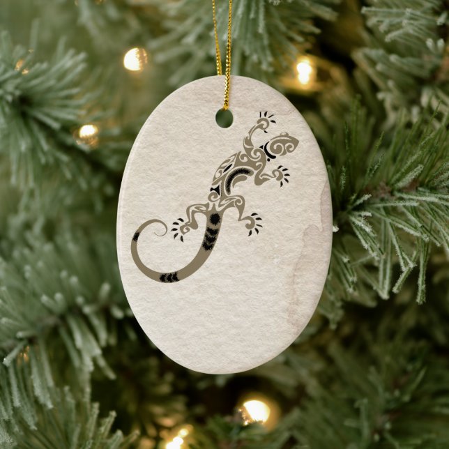 Personalized Brown Gecko Lizard on Stone Christmas Ceramic Ornament (Tree)