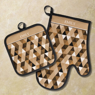 Personalized Brown Geometric Pattern Oven Mitt & Pot Holder Set