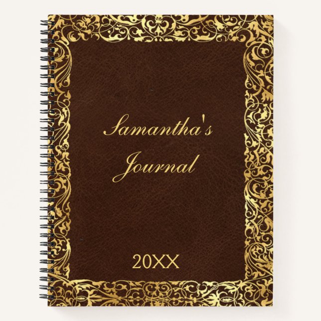 Personalized Brown Gold Flourish Swirl Ornate Notebook (Front)