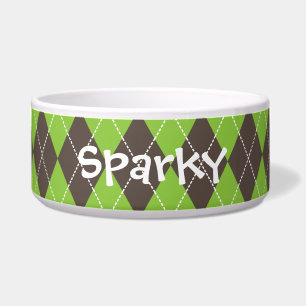 Personalized Brown, Green Argyle Plaid Dog Bowl