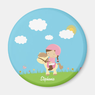 Personalized brown hair horse rider girl floral magnet