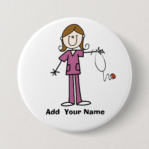 Personalized Brown Hair Stick Figure Nurse  Button