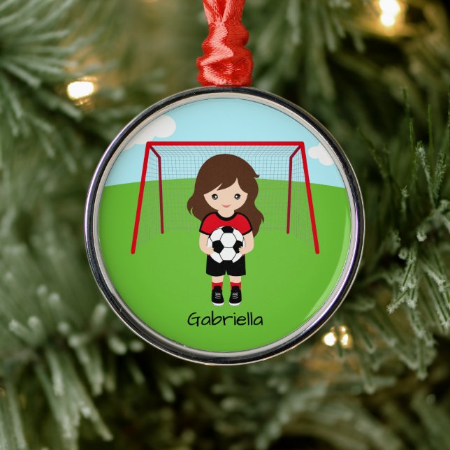 Personalized Brown Haired Soccer Girl Christmas Metal Ornament (Tree)