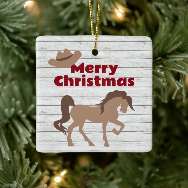 Personalized Brown Horse and Cowboy Hat Christmas Ceramic Ornament (Tree)