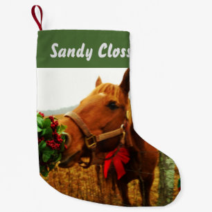 Personalized Brown horse red bow & Mistletoe Small Christmas Stocking