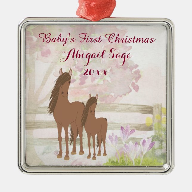 Personalized Brown Horses Baby's 1st Christmas Metal Ornament (Front)