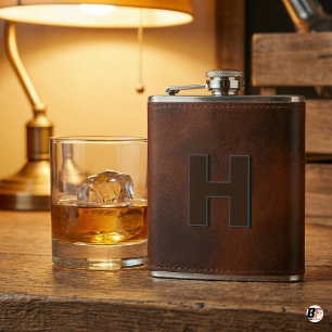 Personalized Brown Leather Hip Monogram Initial H Flask