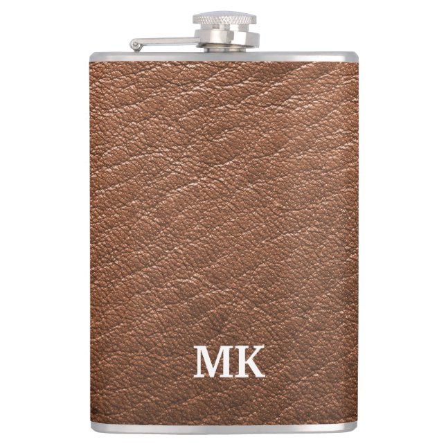 Personalized Brown Leather Look Hip Flask (Front)