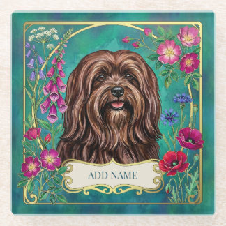 Personalized Brown Lhasa Apso Floral Glass Coaster
