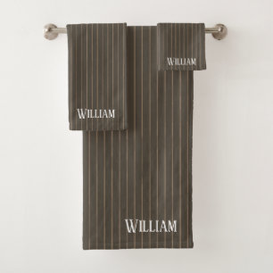 Personalized brown retro pinstripes bath towel set