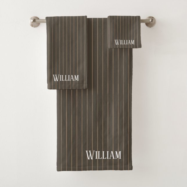 Personalized brown retro pinstripes bath towel set (Insitu)