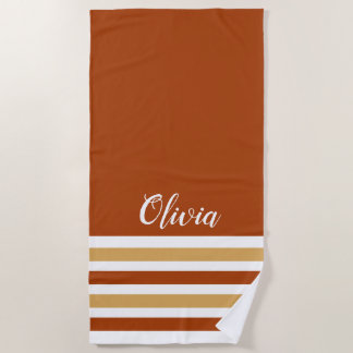 Personalized Brown Sand And White Striped Beach Towel