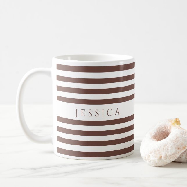 Personalized Brown Stripes Pattern Name Coffee Mug (With Donut)