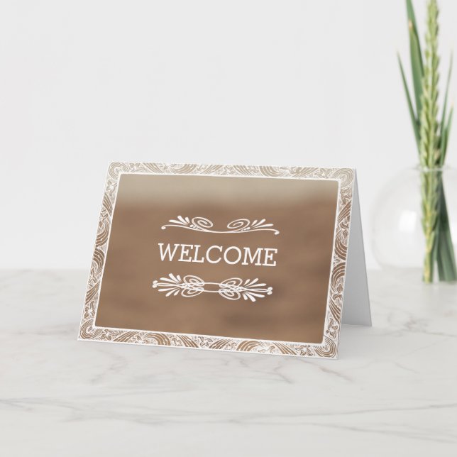 Personalized Brown Swirl Boarder Welcome Card (Front)