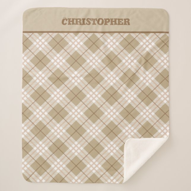 Personalized Brown Tan Beige Buffalo Plaid Boys  Sherpa Blanket (Front)