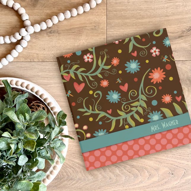 Personalized Brown Teacher Pretty Floral Heart Binder (Creator Uploaded)