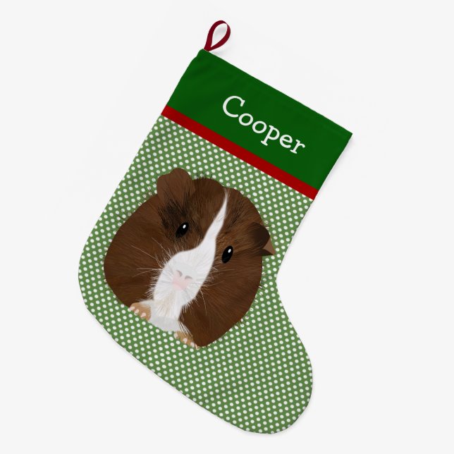 Personalized Brown, White And Black Guinea Pig Large Christmas Stocking (Front (Hanging))