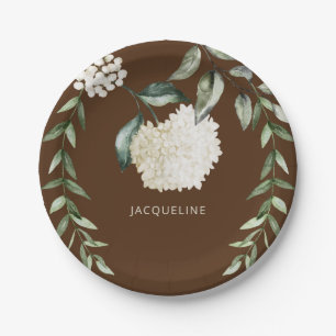  Personalized Brown White Hydrangeas Bridal Shower Paper Plate