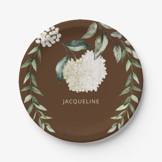  Personalized Brown White Hydrangeas Bridal Shower Paper Plate (Front)