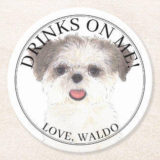 Personalized Brown & White Shih Tzu Dog Wedding Round Paper Coaster