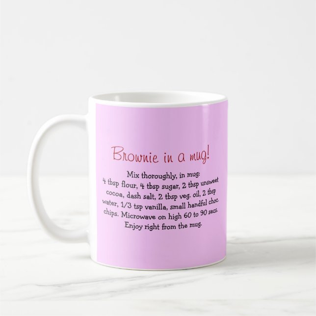 Personalized brownie-in-a-mug gift mug with recipe (Left)