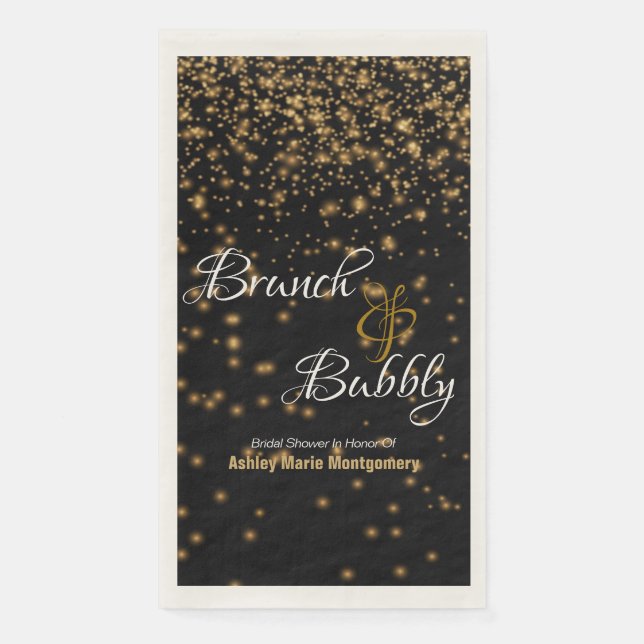 Personalized Brunch Bubbly Gold Confetti On Black Napkin (Front)