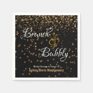 Personalized Brunch Bubbly Gold Confetti on Black  Napkin