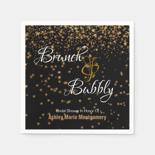 Personalized Brunch Bubbly Gold Confetti on Black  Napkin (Front)