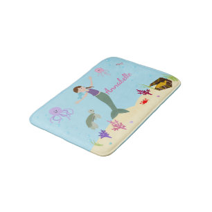 Personalized Brunette Mermaid and Ocean Friends Bath Mat